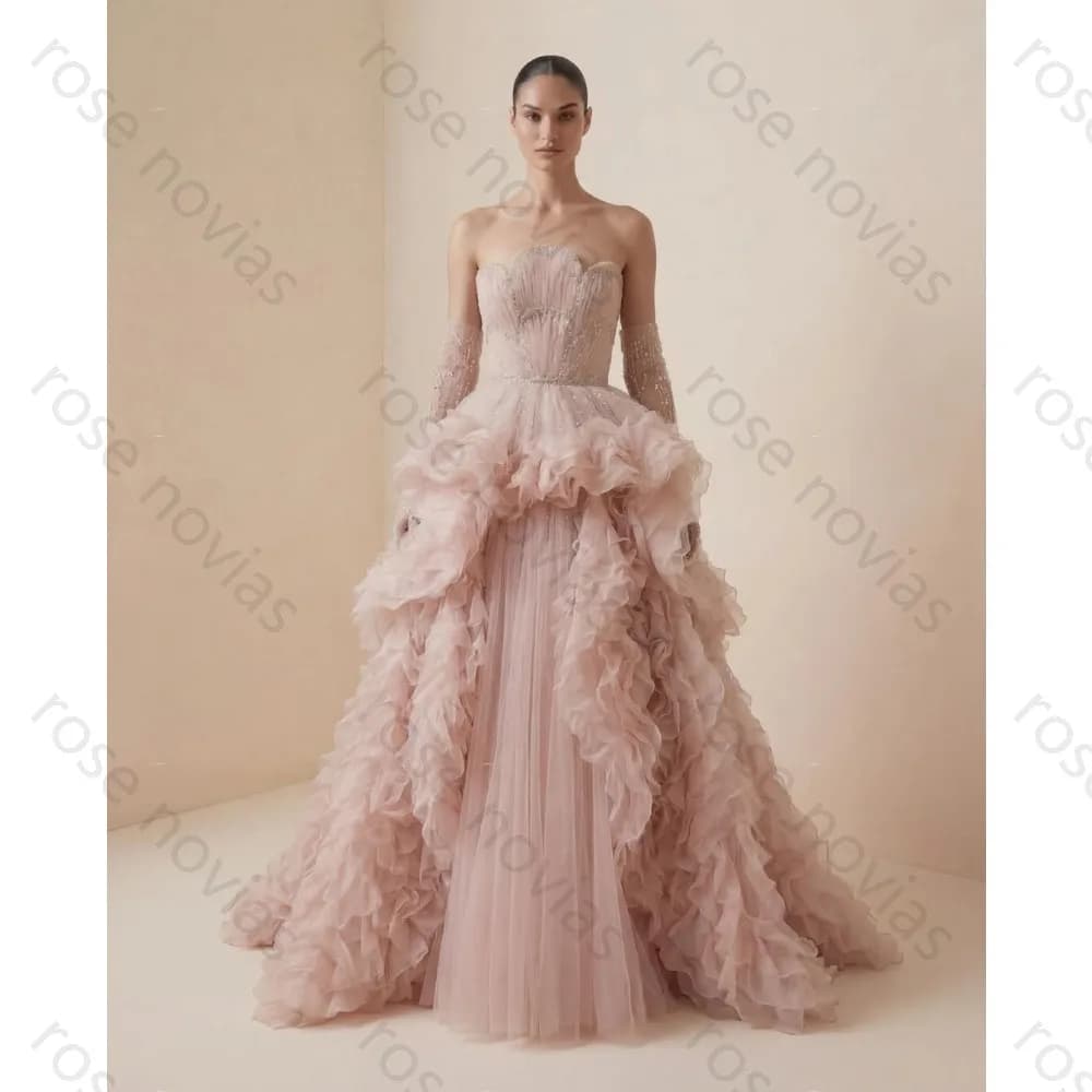 Customized 2026 Hot Sale Blush Pink Formal Dress Strapless Corset Beaded Ruffle Tiered Wedding Guest Gown