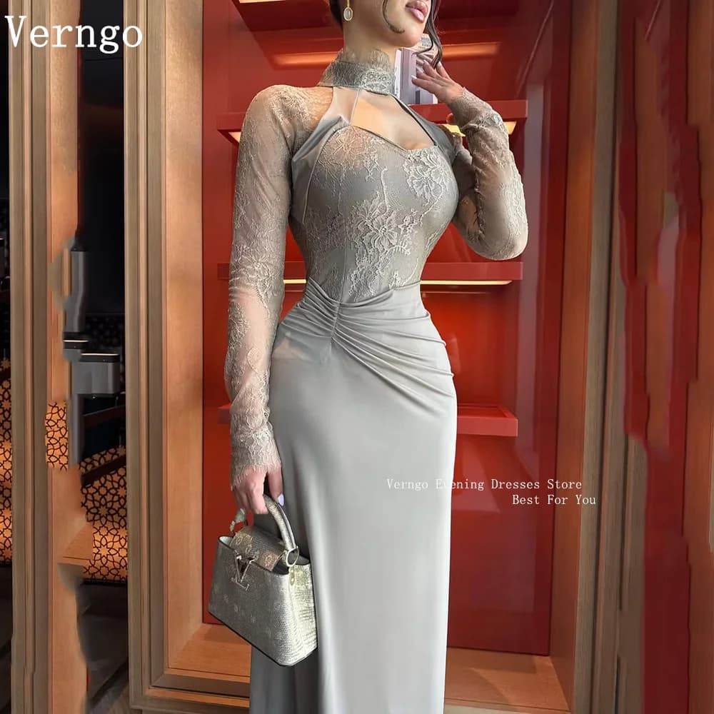 Verngo Elegant Gray Crepe Evening Dress High Neck Full Sleeves Mermaid Prom Gowns Lace Up Maxi Party Dresses Customized