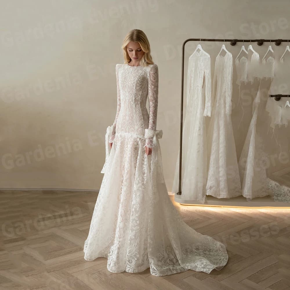 Luxurious Mermaid Women's Evening Dresses O Neck Prom Gowns Customized Long Sleeve Lace فساتين للمناسبات الخاصة Robe De Soirée