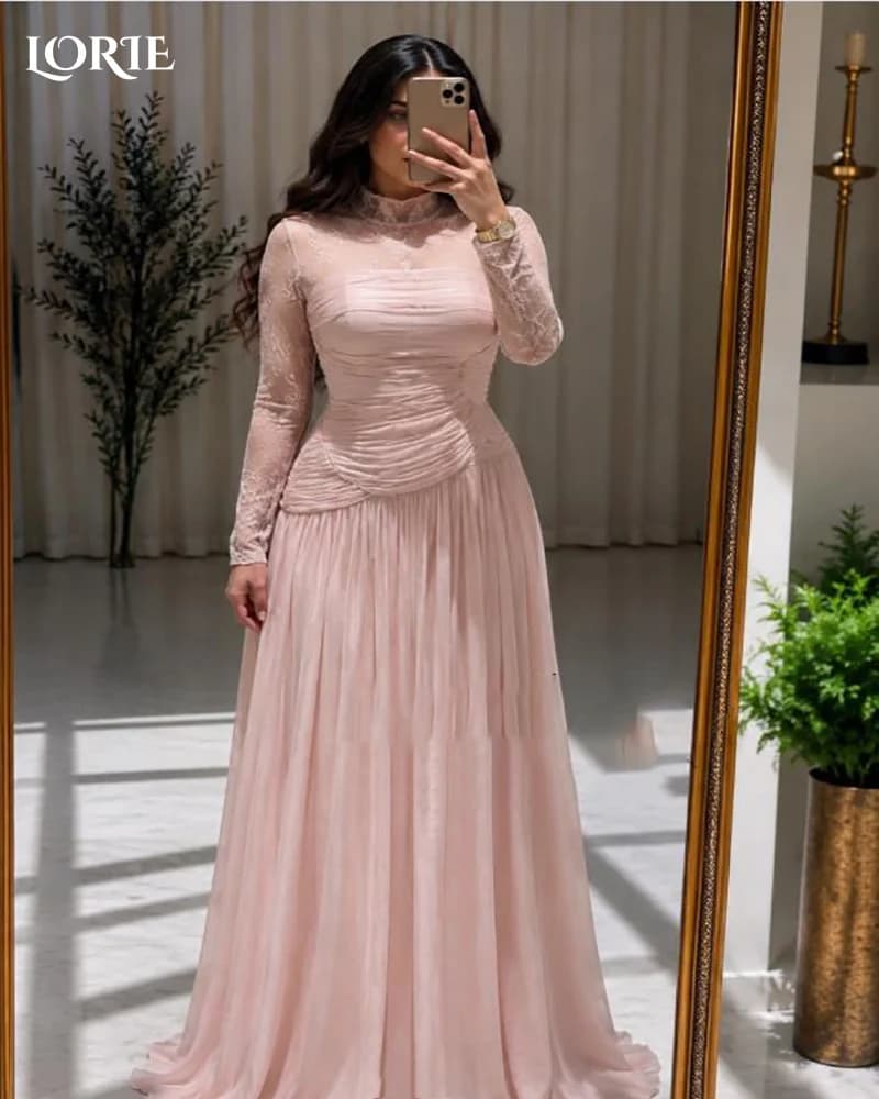 LORIE Shiny Lace Sleeve Shiny Mermaid Evening Dress Long Appliques High Collar Prom Dress Pleats Brithday Party Gown Customized