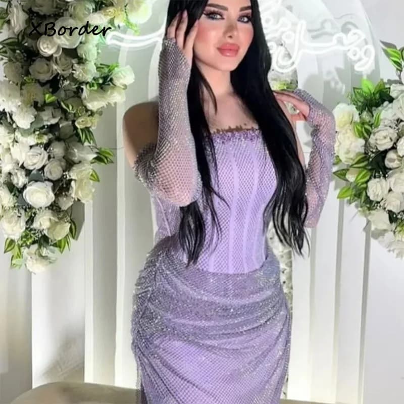 Customized  Evening Dress Luxurious Lilac Sparkle Mesh Strapless Corset Sheath Maxi Gown  Formal Birthday Party Dress Vestidos