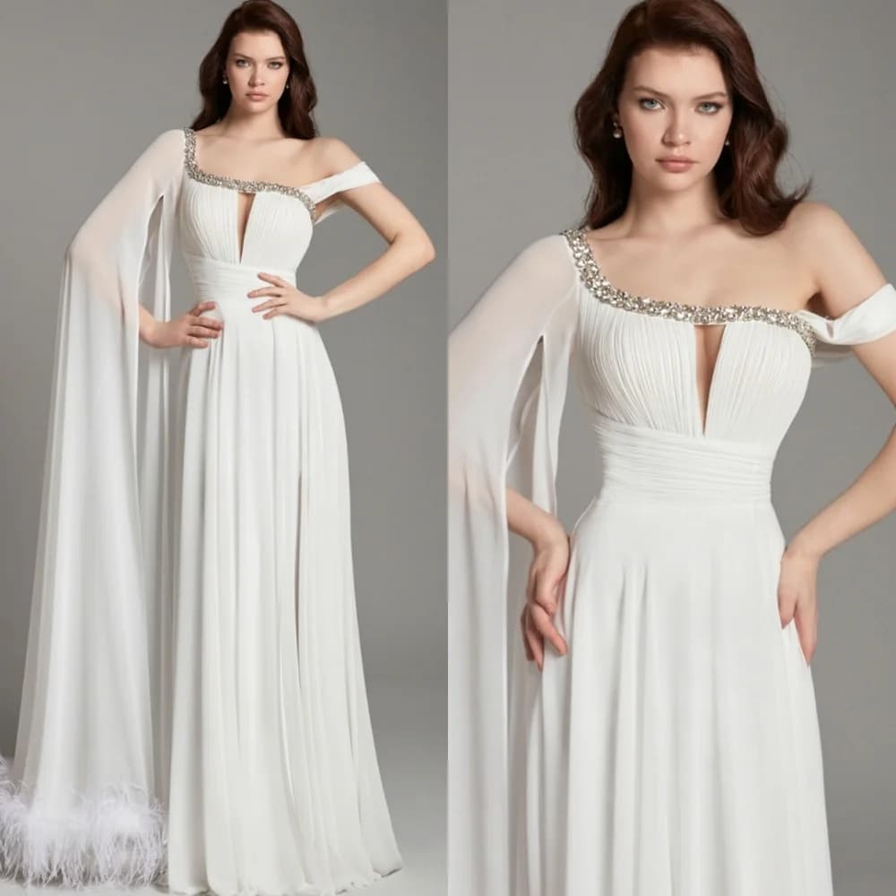 Customized Modern White Chiffon Evening Dress Exquisite One Shoulder Homecoming Dresses Dreamy Feathers Vestido De Festa