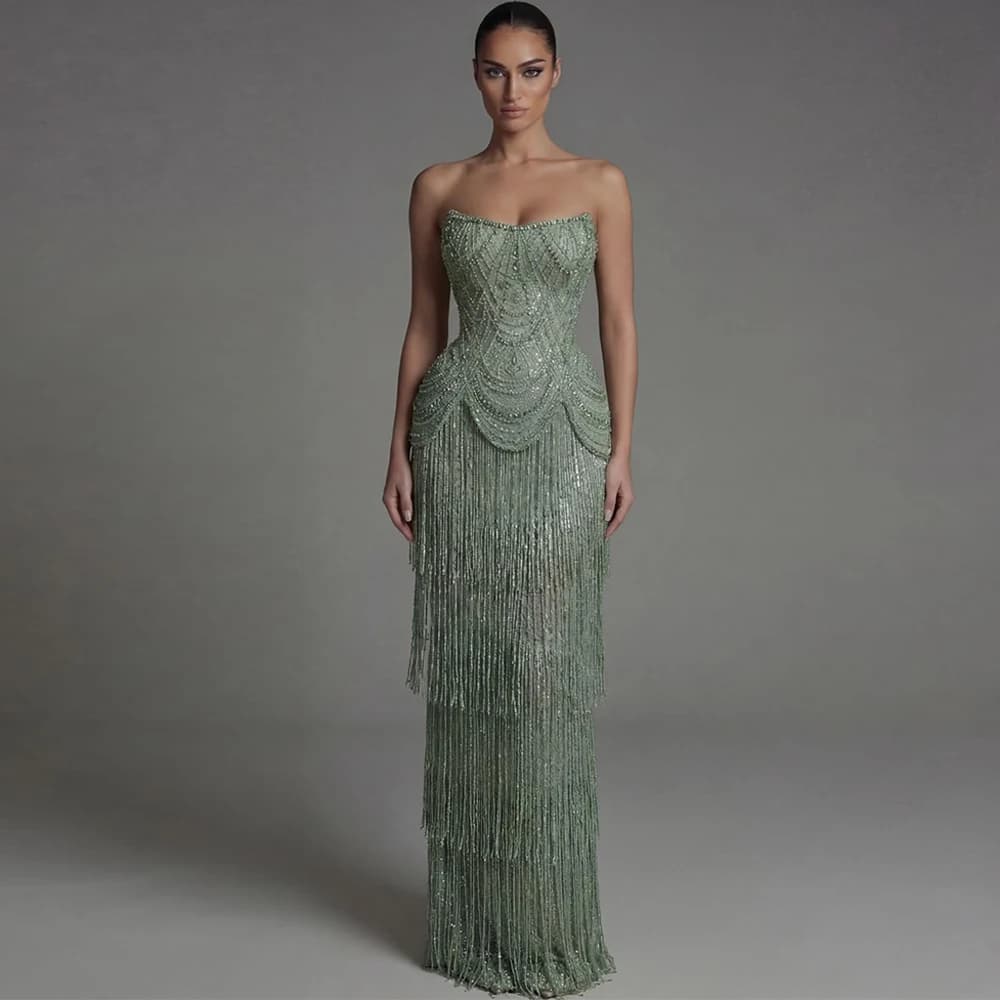 Classic Green Tulle Evening Dress Graceful Strapless Prom Dresses Fashion Tassel and Beading Customized Special Occasion Gowns