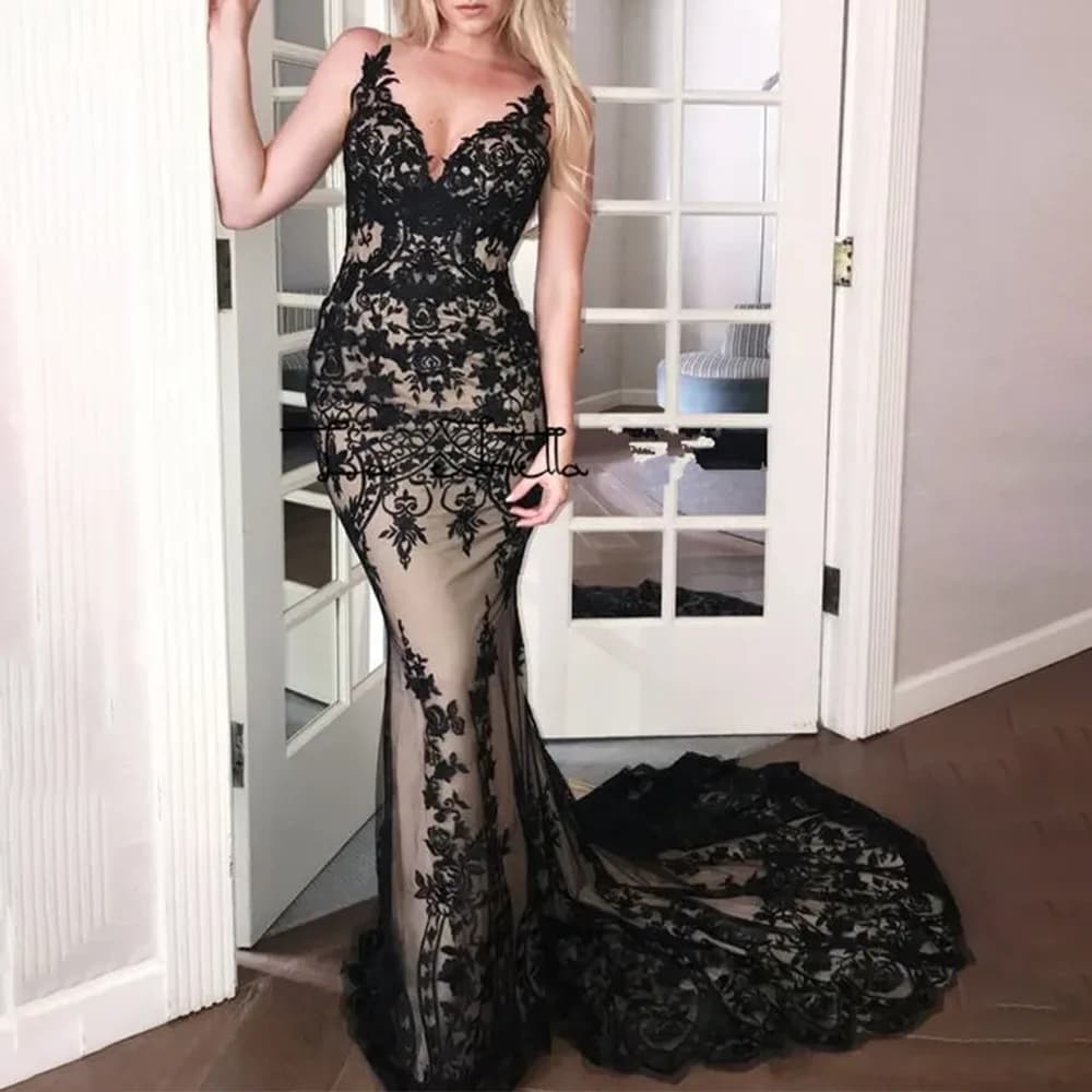 Black Lace Sexy Evening Dresses Formal Party Prom Gowns Floor-Length Trumpet Sweetheart Backless Evening Prom Dresses Customized