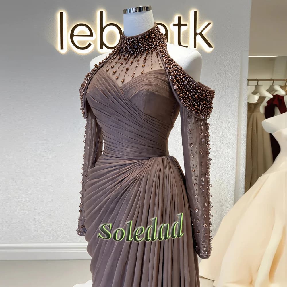 Soledad Luxury High Neck Off The Shoulder Full Sleeves Pearls Beaded Evening Dress Pleated Tiered Aline Vestidos De Gala Custom