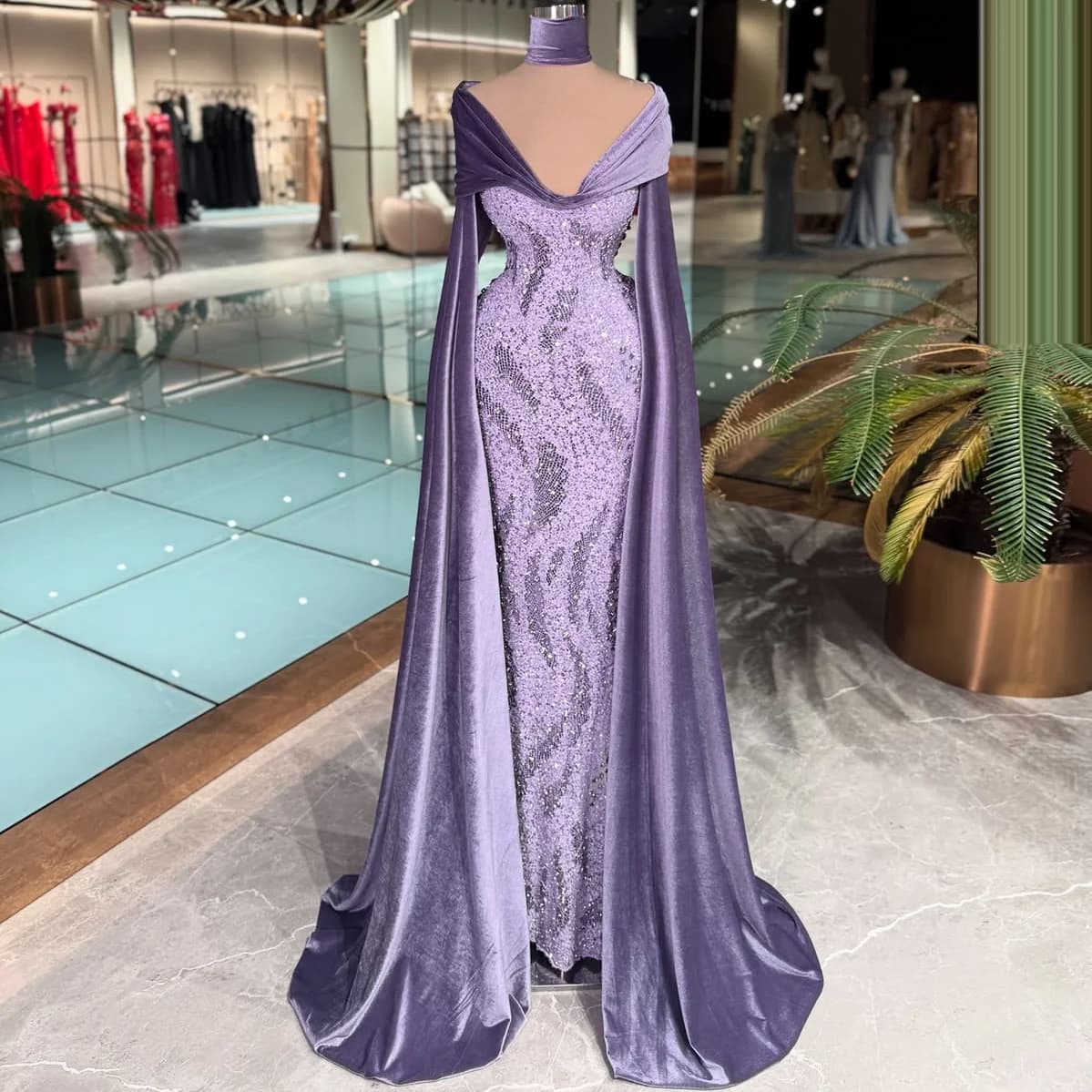 Newest Purple Velvet Evening Dress with Cape Sleeve off Shoulder Prom Dress Luxury Crystal Beaded Celebrity Dress Customized
