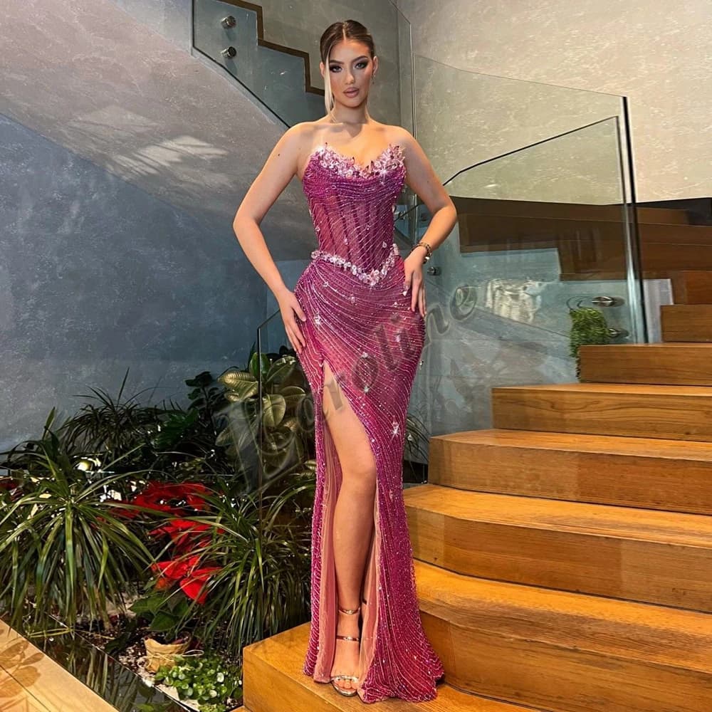 Caroline Glittering Mermaid Evening Dresses for Women Crystals Sweetheart Illusion Saudi Arabric Vestidos De Fiesta Customized