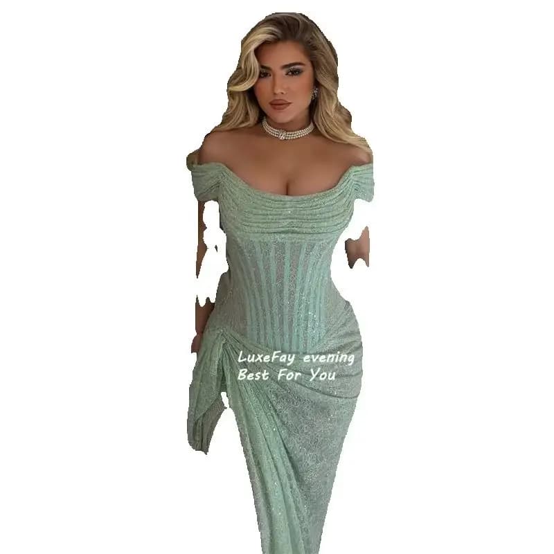 LuxeFay Customized Mint Green Off Shoulder Shiny Lace Evening Dresses Side High Split vestidos de noche Sweep Train Prom Dress