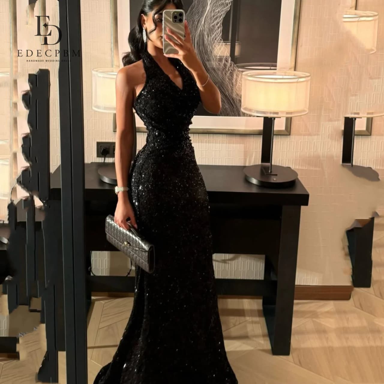EDECPBM Women Evening Dress Black فساتين سهرة Luxurious Women's Evening Dresses Brands Vestidos De Festa Customized Sequins Prom