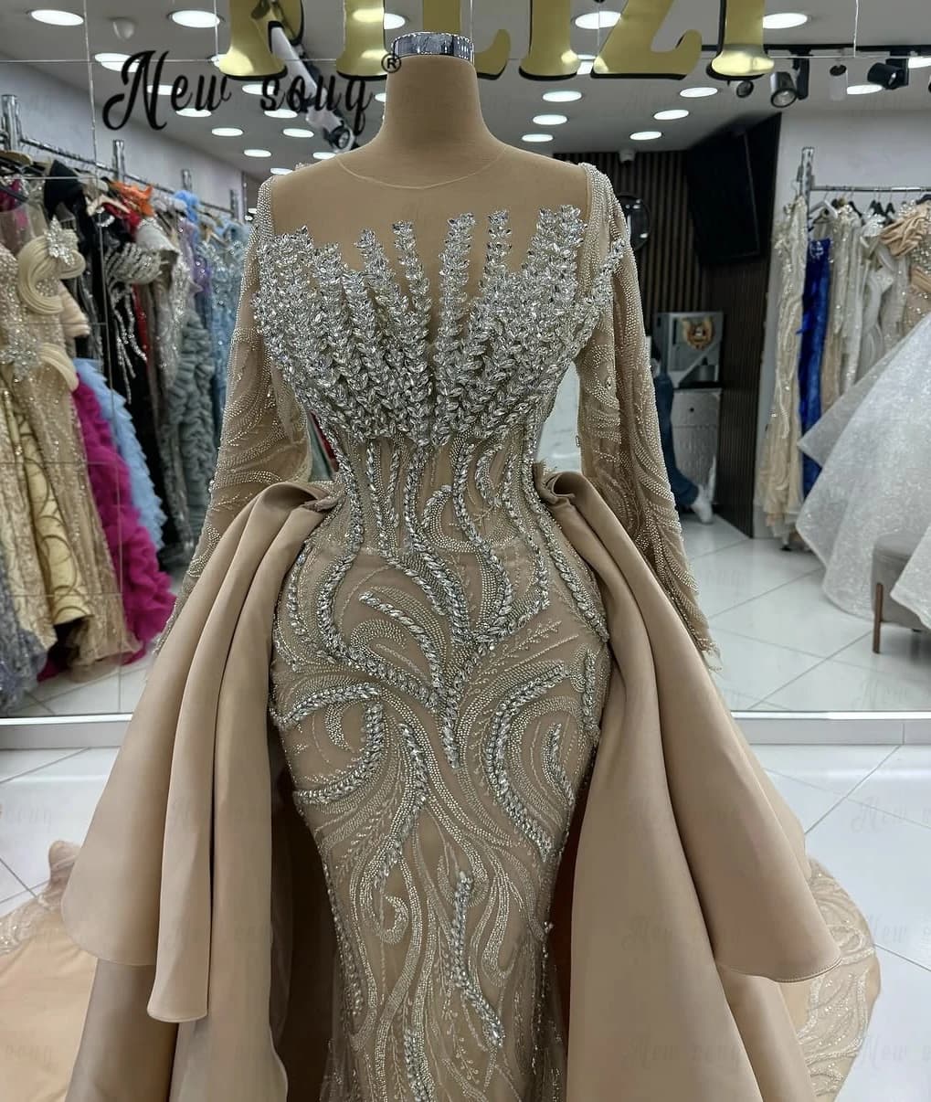 Haute Couture Nude Champagne Evening Dress With Detachable Train Plus Size Wedding Reception Prom Gowns Customized For Bridal