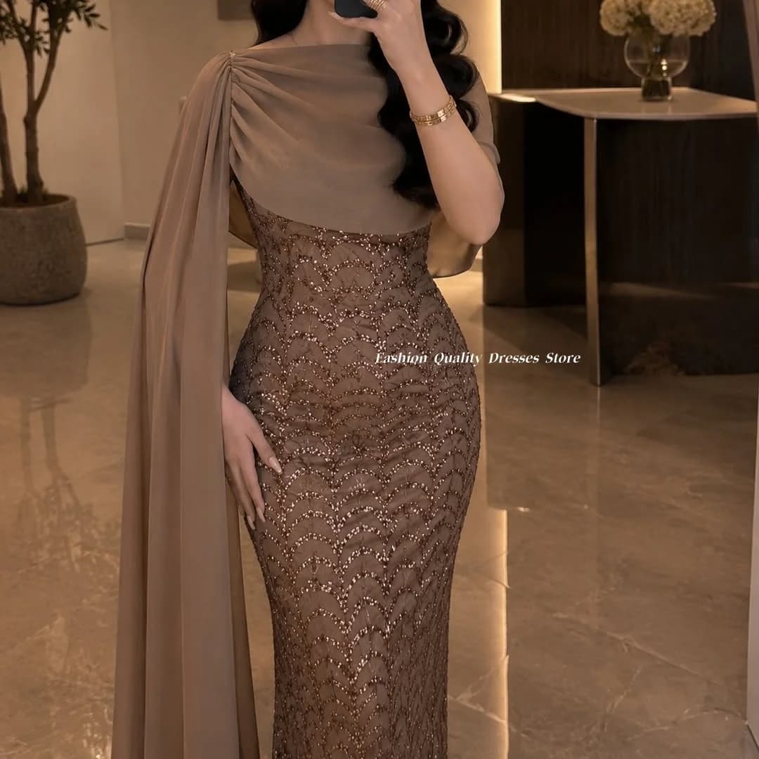 Evening Dresses Brown Sequin Mermaid Formal Gowns Cape Chiffon Drape Long Elegant Wedding Guest Party Evening Dresses Customized