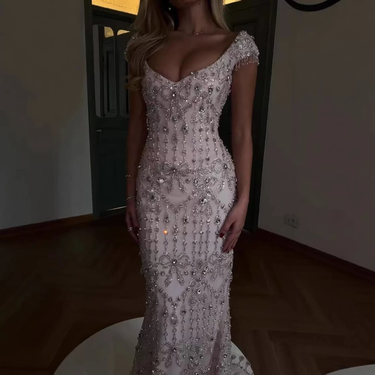 Serene Hill 2026 Luxury Pink Crystal Beaded Mermaid Evening Dress Deep V Neck Formal Prom Gown LA73696 Customized