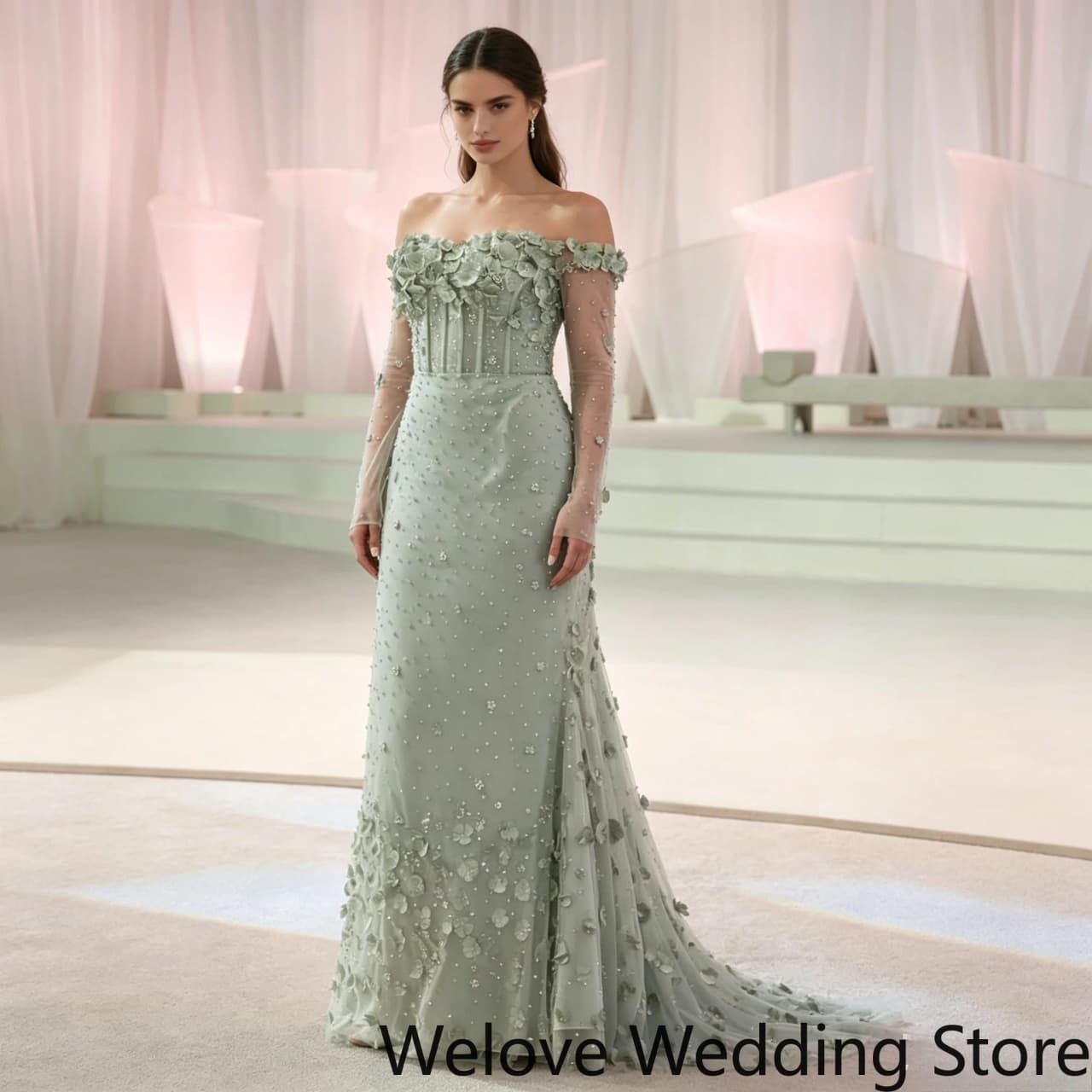 Romantic Evening Gown Featuring an Off-the-Shoulder Neckline, Long Sheer Sleeves, All-over 3D Floral Appliqués and Beading