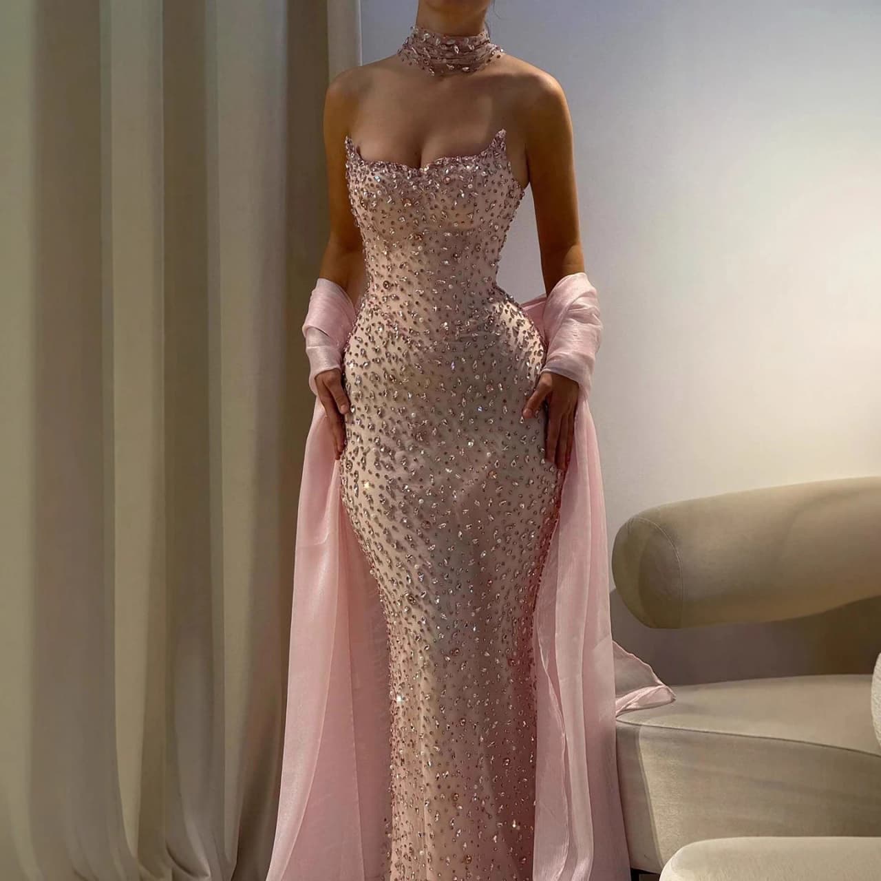 Serene Hill 2025 Customized Luxury Dubai Kosovo Designer Pink Diamond Evening Dress with Cape Gown for Wedding Party LA73225