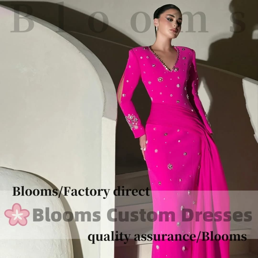 Customized V-Neck Beaded Long Slit Sleeves Luxury Evening Dresses Side Train Wedding Elegant Women Formal Party Gown