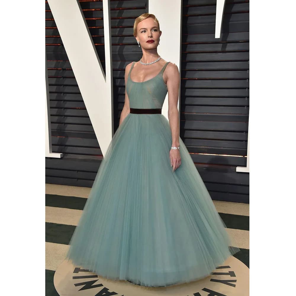 Blue Evening Dresses Square Collar Sleeveless A Line High Quality Floor Length Sweep Train Banquet Celebrity Female Gowns