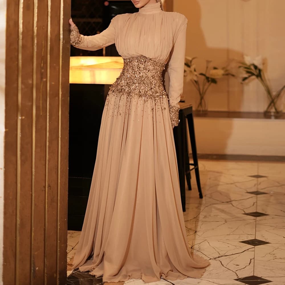 Women's A-line Evening Dresses Floor-length High-neck Full Sleeve Prom Gown Fashion Crystal Beading Draped Customized Gowns