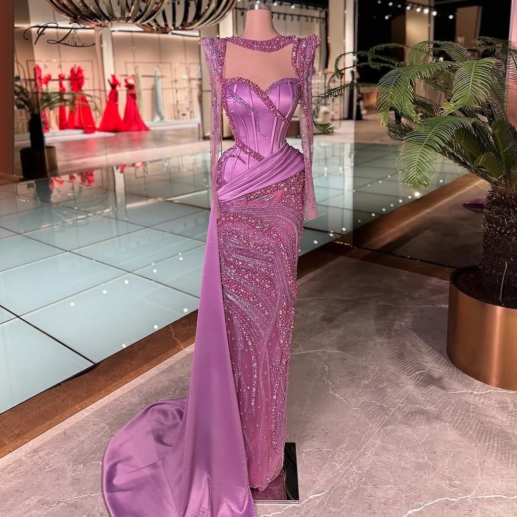 Beaded Mermaid Dress Purple Round Neck Lace Long Sleeve Evening Dress with Train Cocktail Dress Customizable Formal Occasion