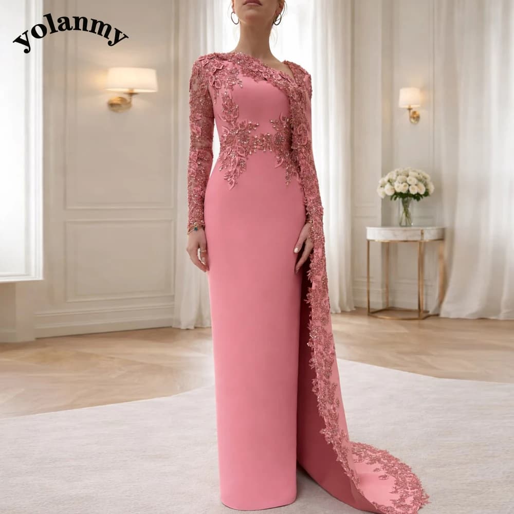 YOLANMY Charming Lace Appliques Evening Dress for Women Saudi Arabric Prom Dress Vestidos De Fiesta Dubai Customized