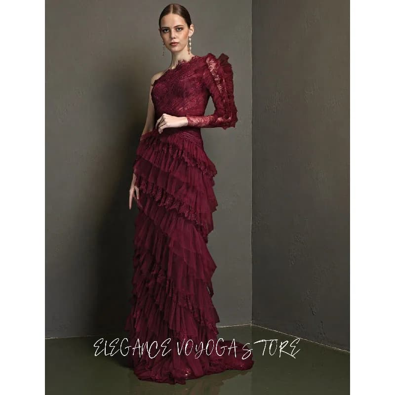 EVS Customized Single Sleeve Ruffles Mermaid Evening Dress Full Lace Tiered Special Occasion Gown Fishtail Semi Formal Dresses