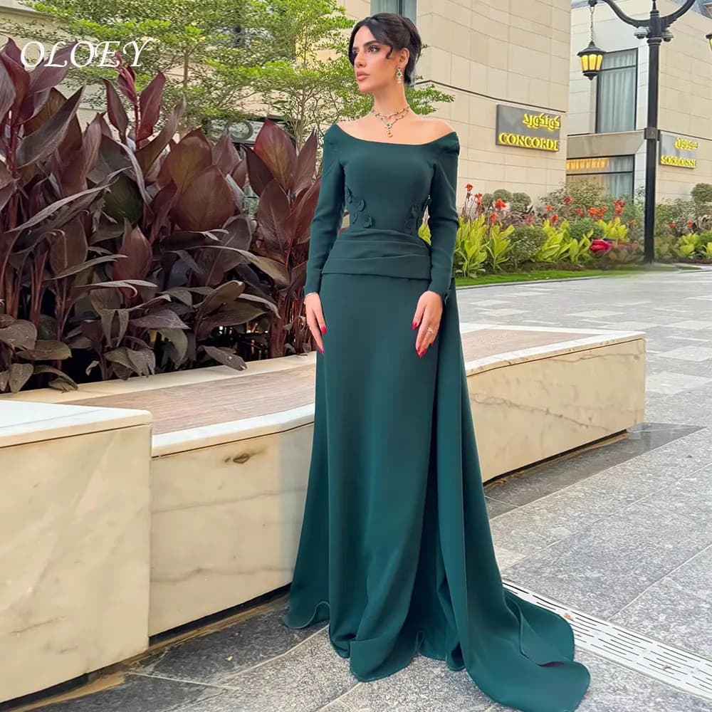 OLOEY Luxurious Green Evening Dresses Off Shoulder Court Train Mermaid Maxi Dress Slim Fit Vestidos De Fiesta Robe De Soiree