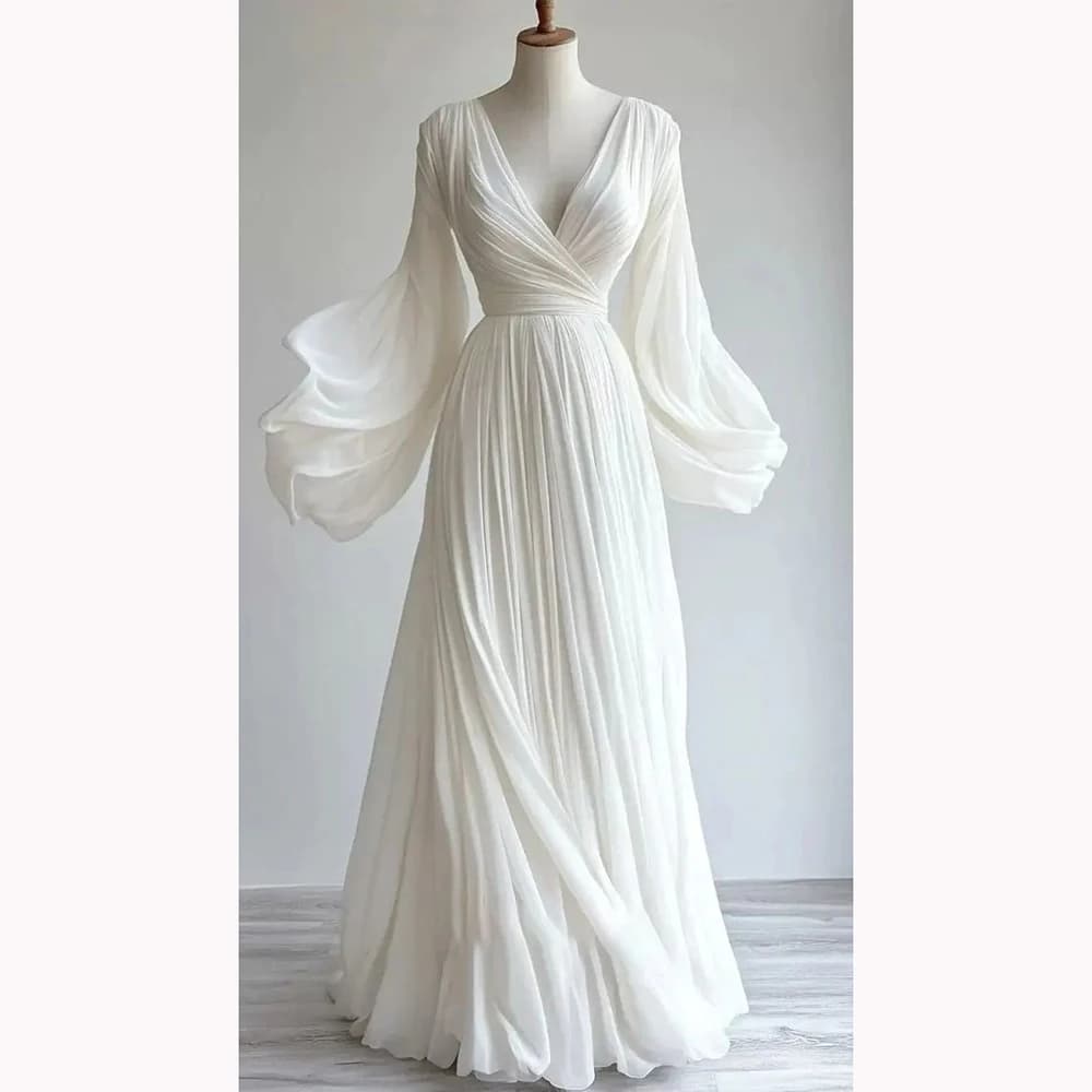 Customized A-Line Women's Dress Elegant Chiffon Long Sleeves White Formal Bridesmaid Evening Gown Solid Color V-neck Prom Dress