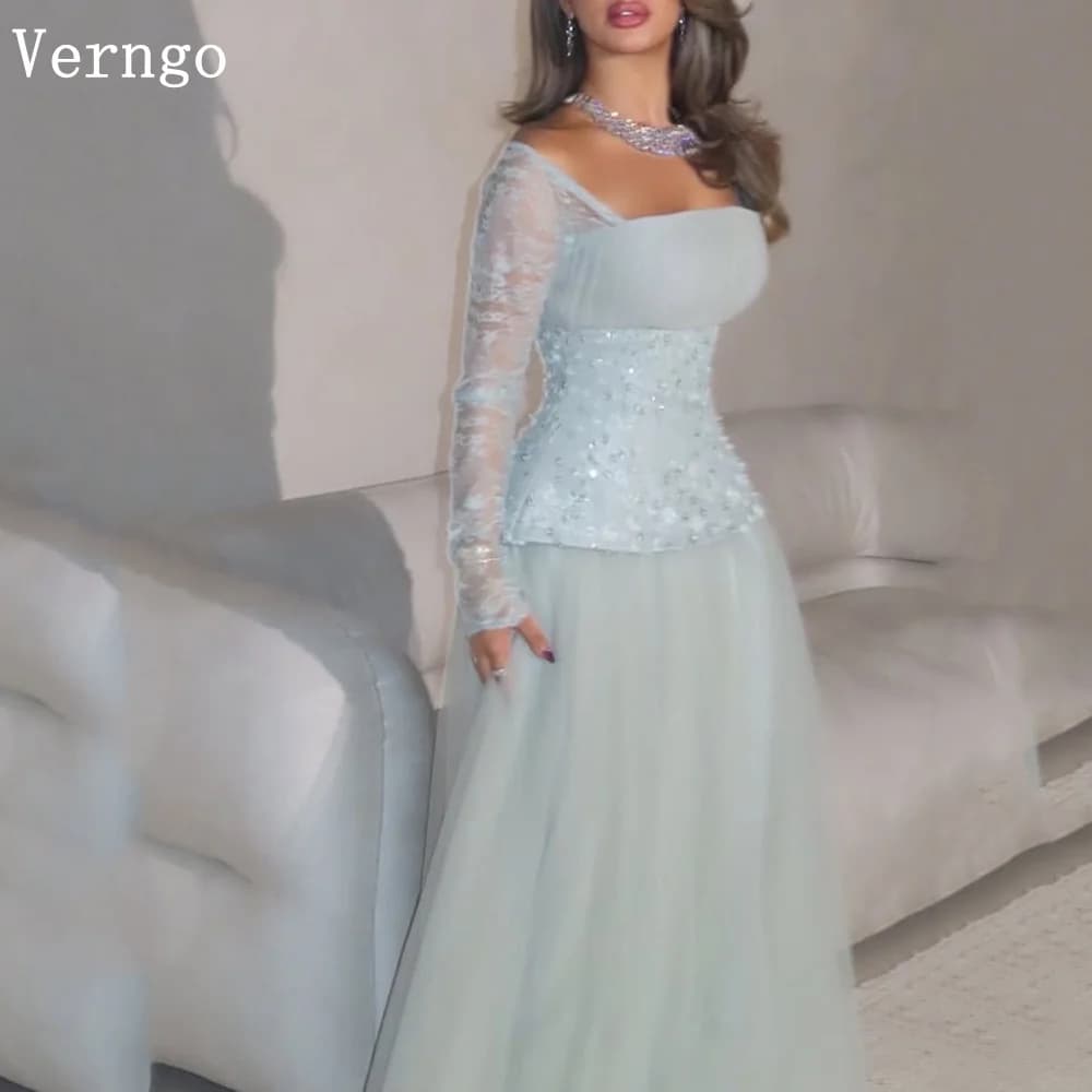 Verngo Mint Green Tulle Evening Dress Sequined Square Collar Full Sleeves A Line Prom Gowns Saudi Arabia Party Dress Customized