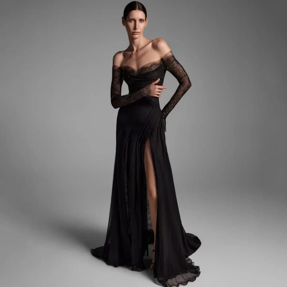 Split Black Party Gowns Strapless Customized Lace Off Shoulder Long Sleeves Prom Dresses Mermaid Sexy Evening Dress Tulle