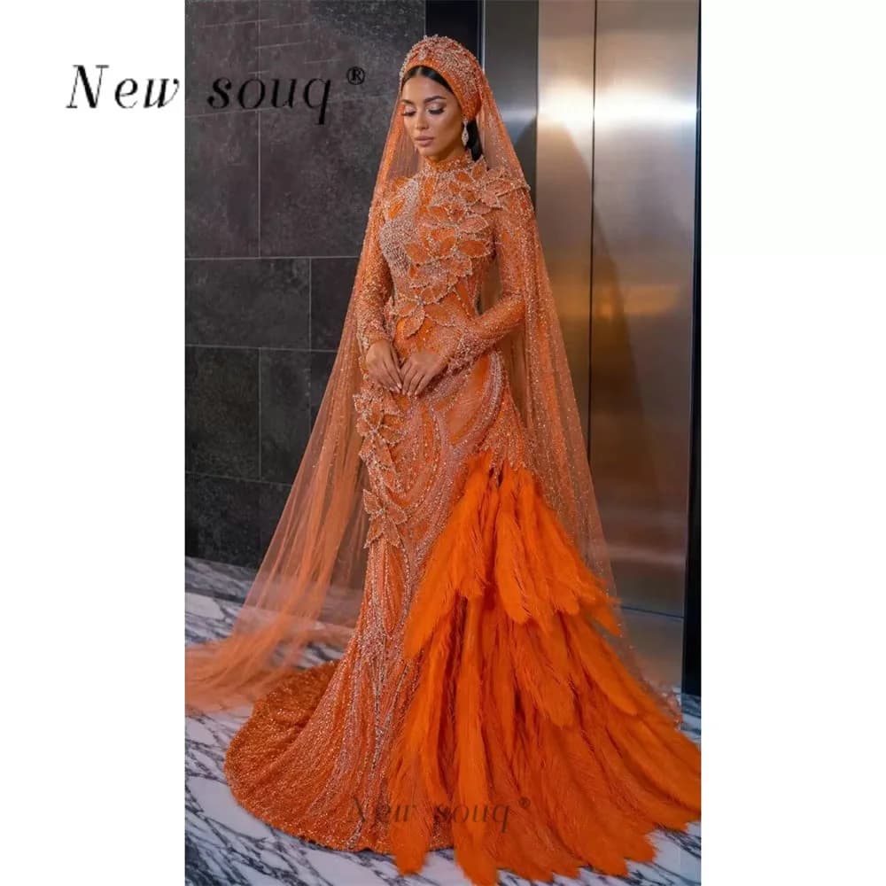 Dubai Luxurious Orange Feathers Crystals 3D Floral Wedding Evening Dresses Customized Muslim Long Sleeves Prom Gala Party Gowns