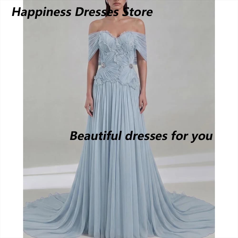 Light Blue Evening Dress Off The Shoulder Pleat A Line Sexy Prom Formal Party Dress Floor Length Evening Gown Customized