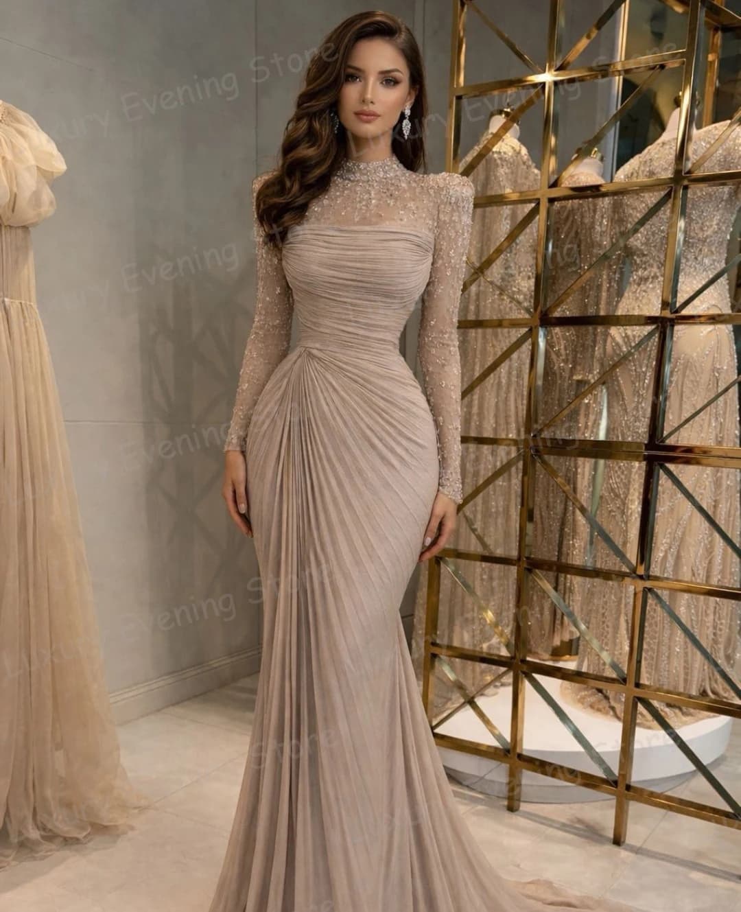 Luxury Evening Dresses Woman's Mermaid High Neck Ruffles Long Sleeve Prom Gowns Fashion Party Customized Vestidos فساتين