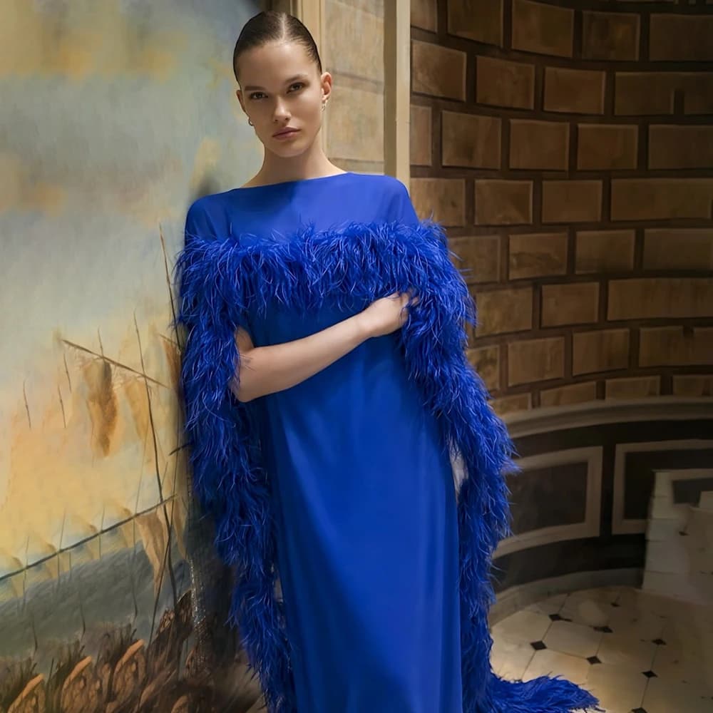 Exquisite Feathers Evening Dresses for Elegant Women Fashion O-Neck Cap Long Sleeve Chapel Train Prom Dress Exquisite Vestidos