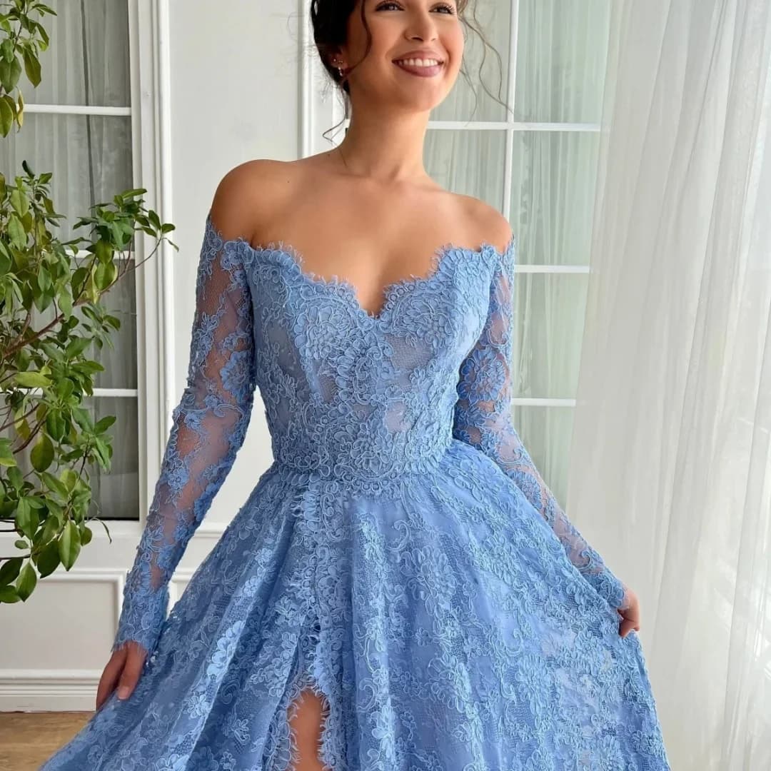 Elegant Blue Lace Evening Formal Dress 2026 Long Sleeves Off the Shoulder Silt Prom Dresses Pageant Party Gowns Robe De Soiree