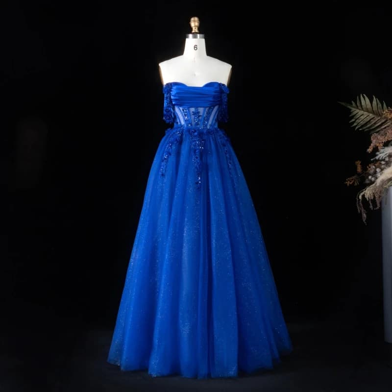Strapless Corset Tulle Prom Dress 3D Floral Sequin Appliques Glitter A Line Evening Gown Lace Up Back Formal Dress 2026