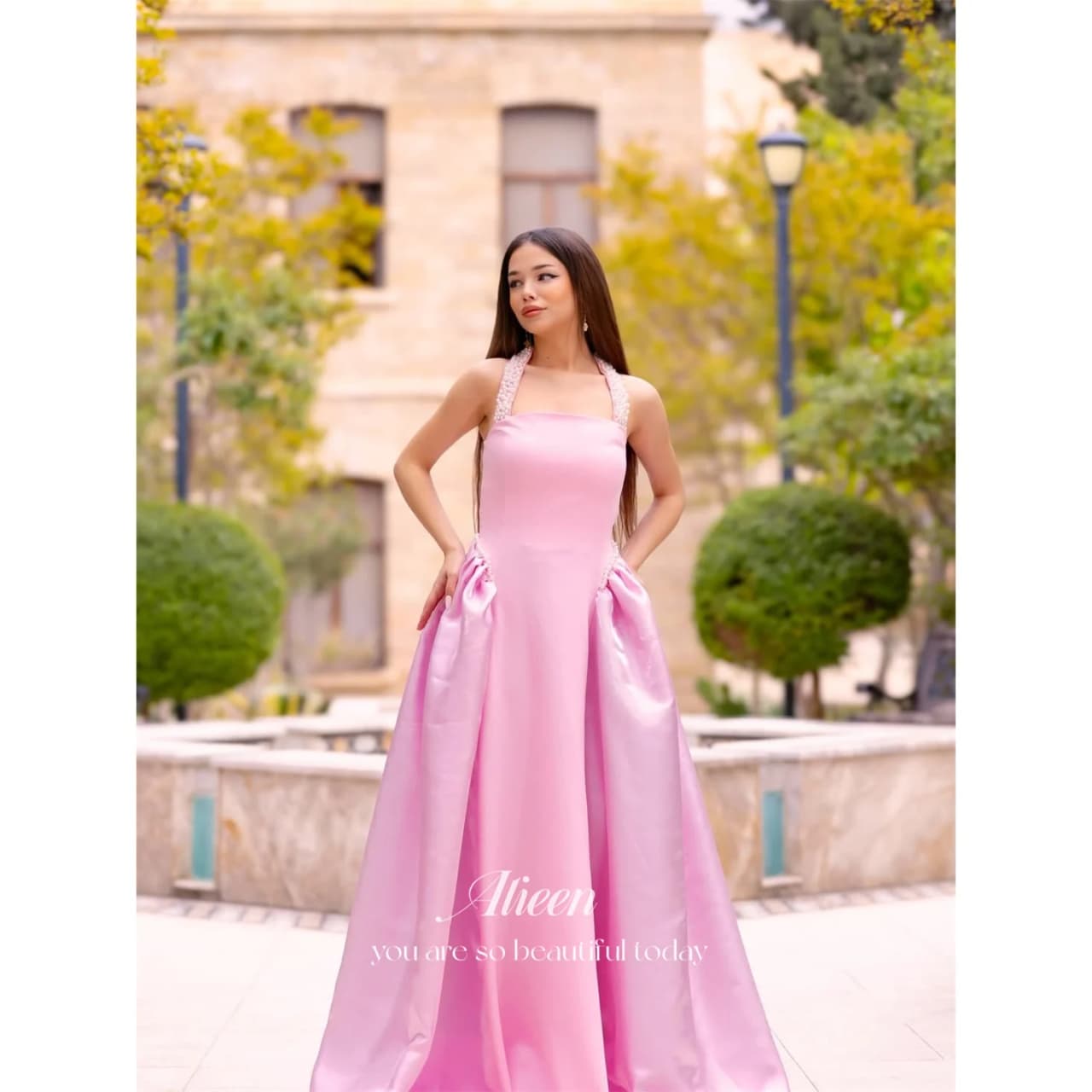 Aileen Satin Halter Pink Ball Gown Evening Dress 2026 Prom Dress Beading Elegant Luxury Formal Customized Robes de Soirée