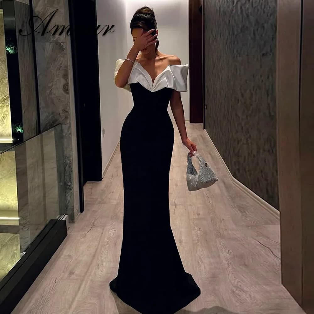 Amour Customized Sexy Jersey Mermaid Off the Shoulder Evening Dress High Quality V-Neck Short Sleeves Floor Length Party Gowns