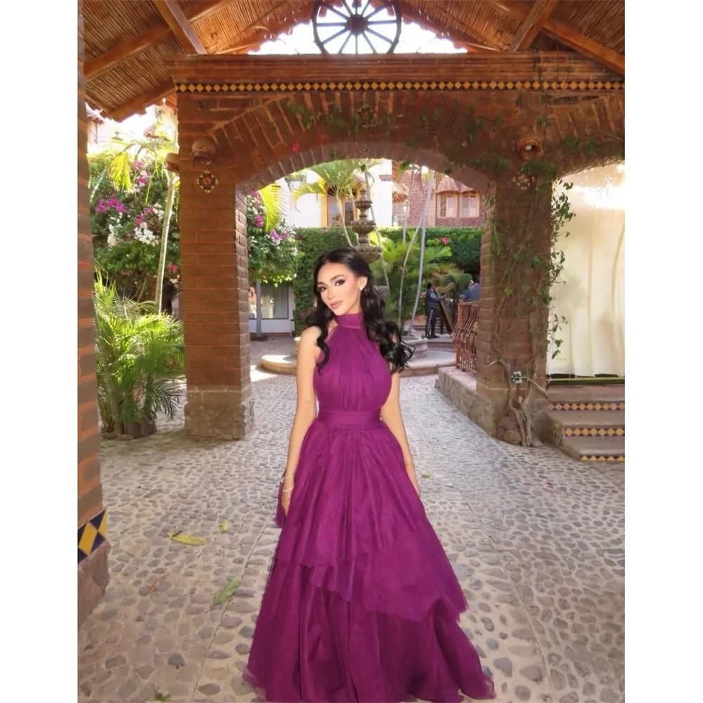 Lorrtta Taffeta Halter pink A-Line Tiered Ruffles Elegant Luxury Formal Women's Evening Dress 2026 Prom Dress Customized