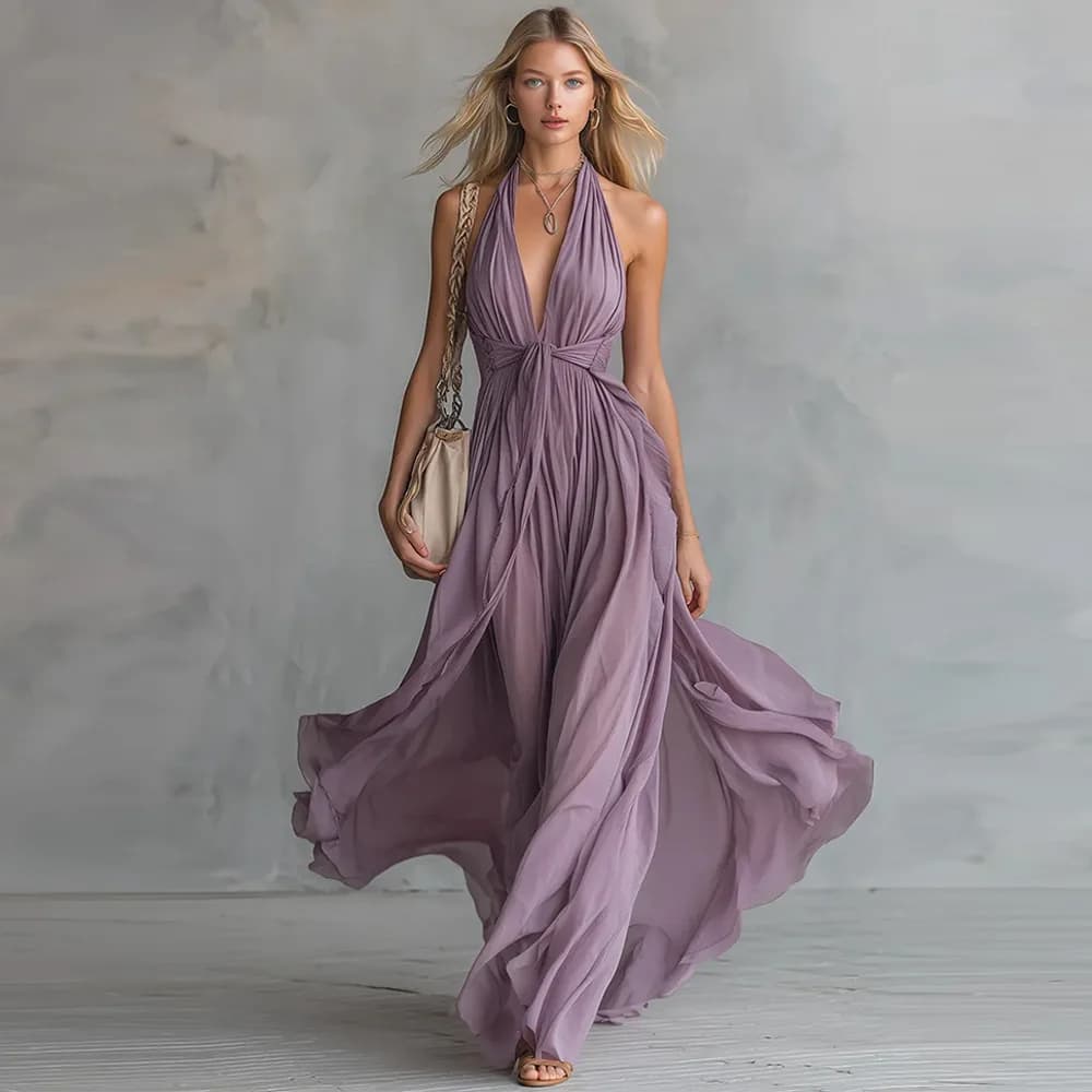 Halter Sleeveless A-Line Evening Dress Customized Fashion Chiffon Floor Length Party Dress Zipper Back Bespoke Occasion Gowns