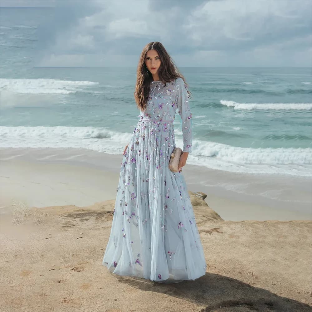 Women's O-neck Full Sleeve Prom Gowns Customzied Pleat Tulle A-line Floor Length Evening Dress with Fashion Appliques Dress