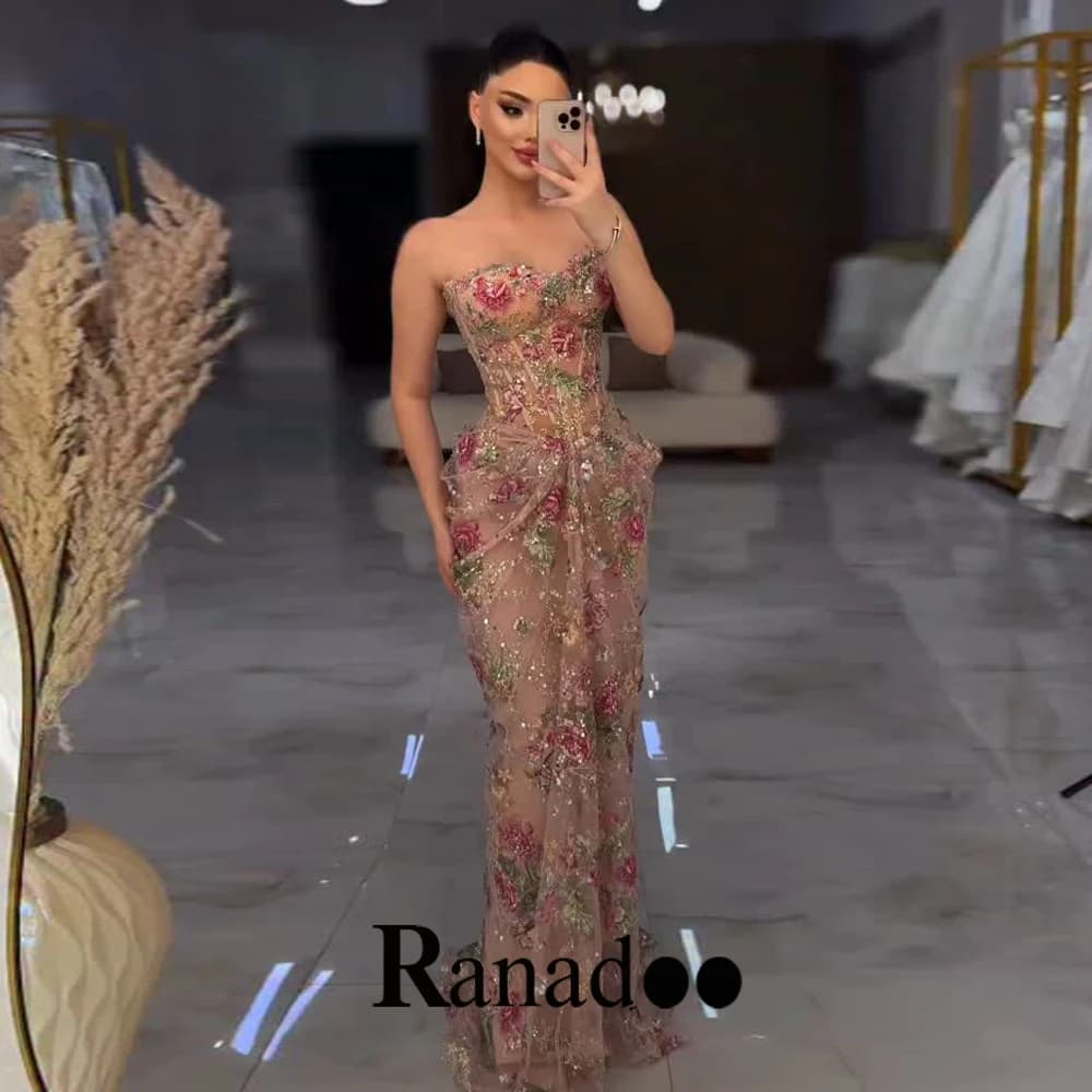 Ranadoo Customized Floral Embroidery Sequin Prom Dress Sweetheart Neck Sleeveless Formal Evening Gown vestidos de noche Mermaid