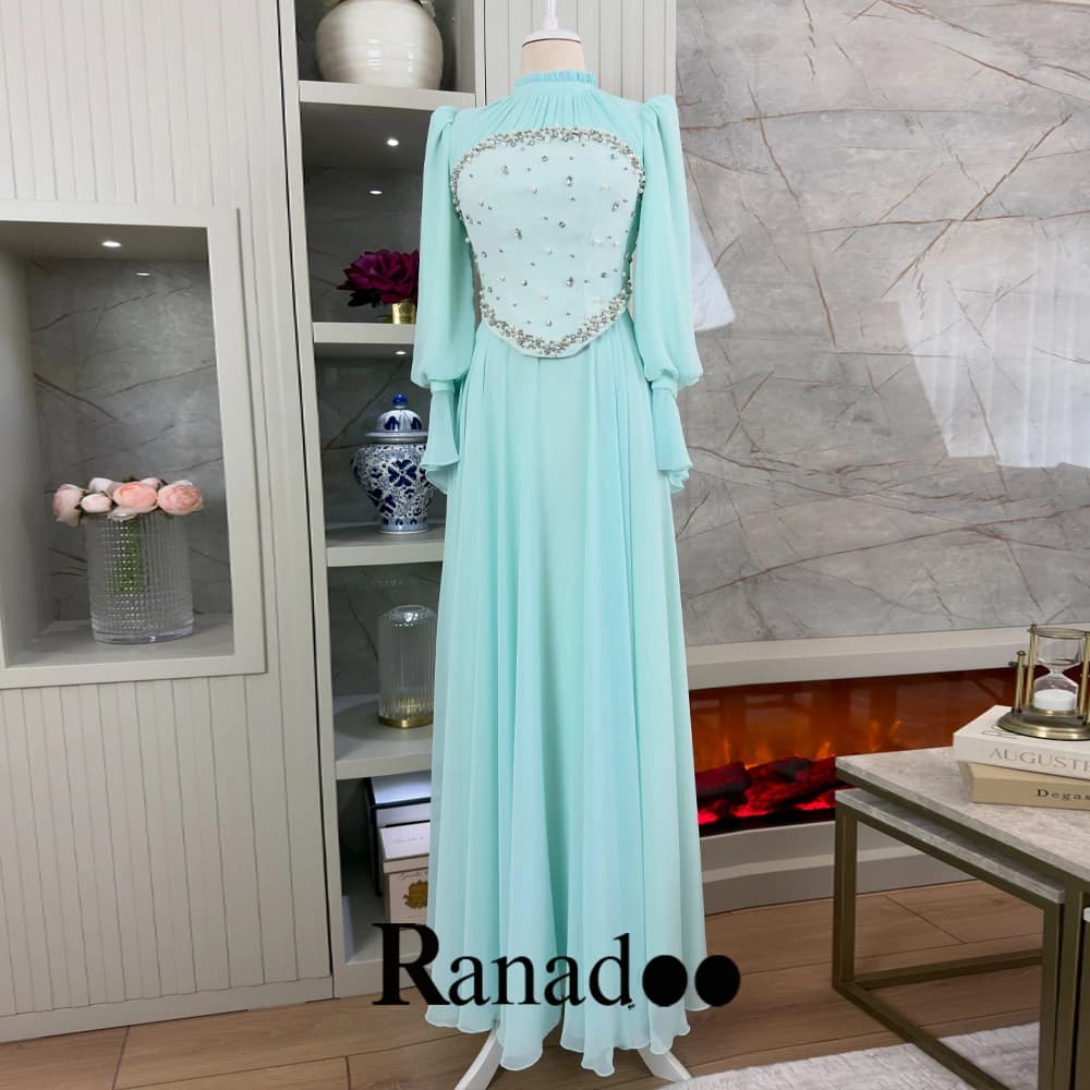 Ranadoo Charming High Neck Full Sleeves Beaded Pearls Aline Chiffon Evening Dress Rhinestones Vestidos De Gala 2026 Customized
