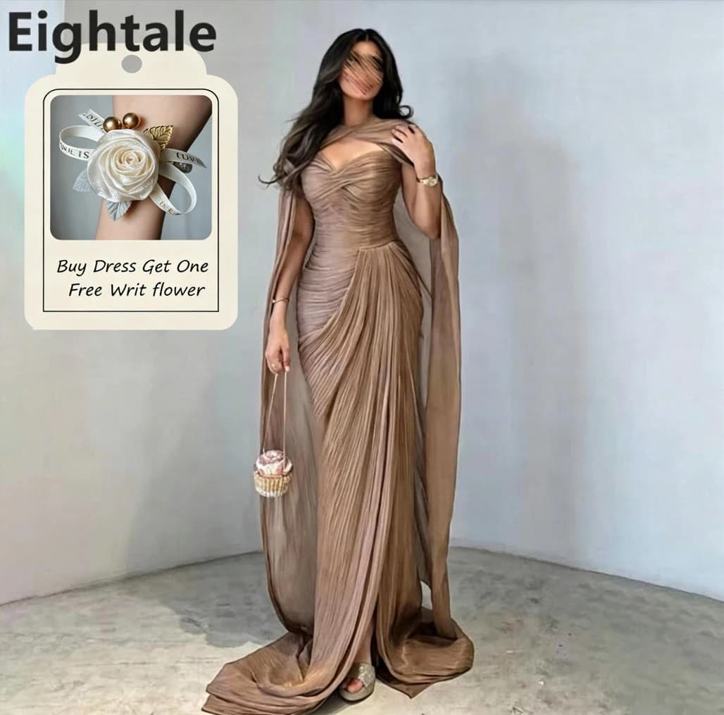 Eightale 2025 Brown Mermaid Maxi Evening Dress With Cape For Wedding Party Formal Prom Dress Dubai Party Gown Customized