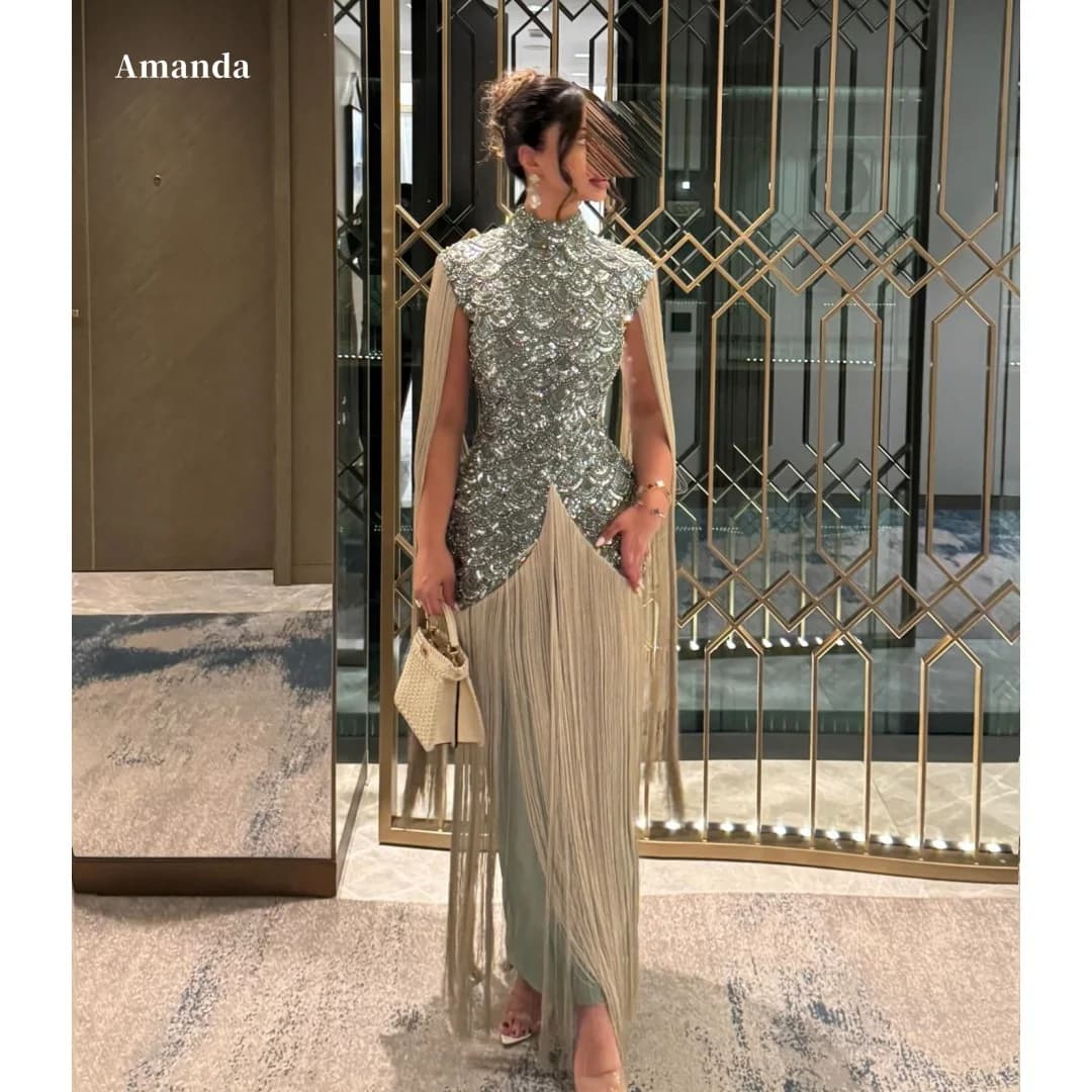 Amanda Customized Sage Green High Neck Prom Dress with Sequin Embellished Bodice, Cape Sleeves, Fringed Overlay and Mermaid 2026