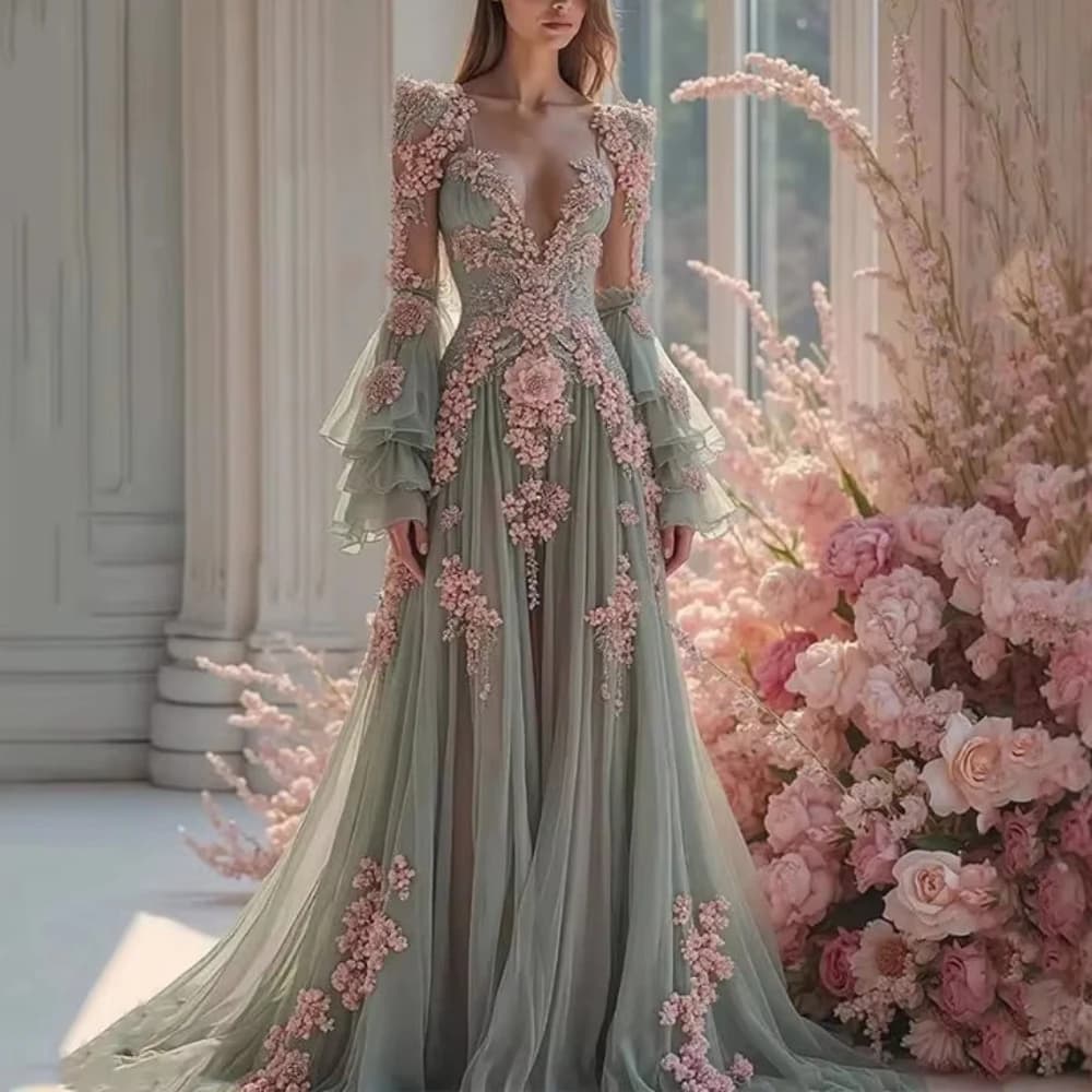 Customized Lace Deep V-neck Long Sleeves Evening Dresses Elegant Vintage Celebrity Dress Exquisite High Quality Prom Party Gowns