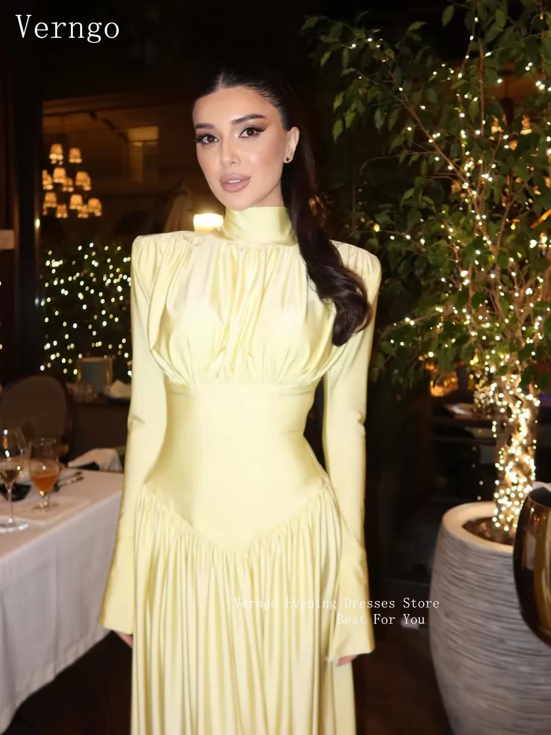 Verngo Modern Yellow Satin Evening Dress High Neck Full Sleeves A Line Prom Gowns Graceful Prom Party Dresses Customized