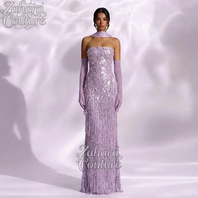 Zahara Customized Evening Gown Formal Prom Dress Arabic Dubai Purple Beaded Crystals Cocktail Dress Wedding Party Gown