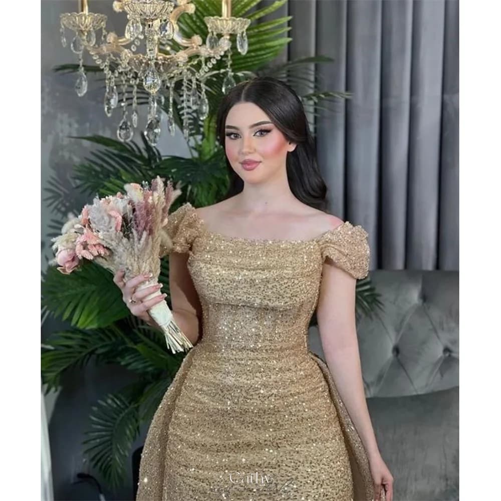 Cathy Gold Glitter Mermaid Wedding Dresses Off the Shoulder vestidos de noche Elegant Detachable Train Customized Formal Evening