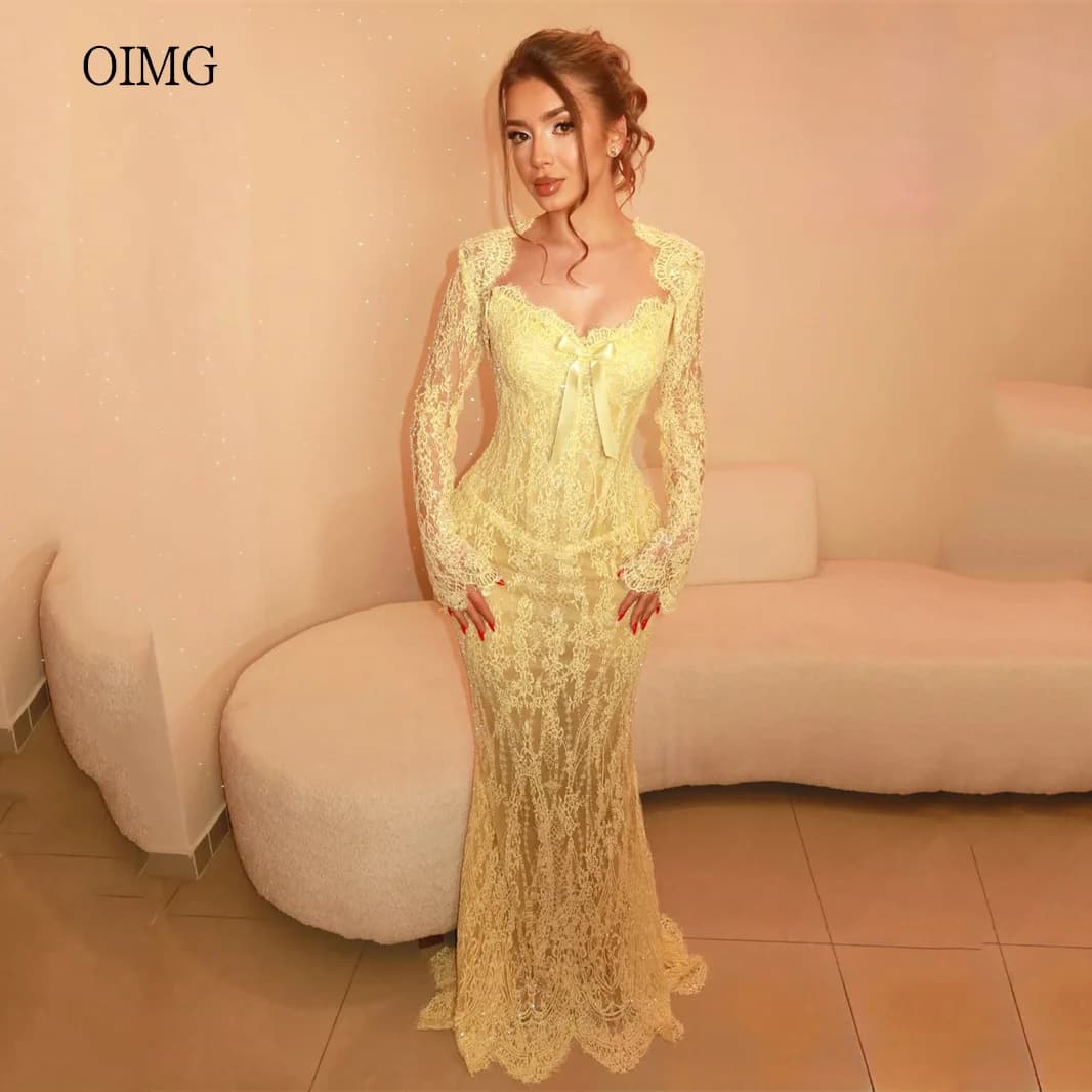OIMG Elegant Gold Bow Sweetheart Neck Mermaid Prom Gowns Lace Full Sleeves Party Gown Floor Length Evening Dress Customized