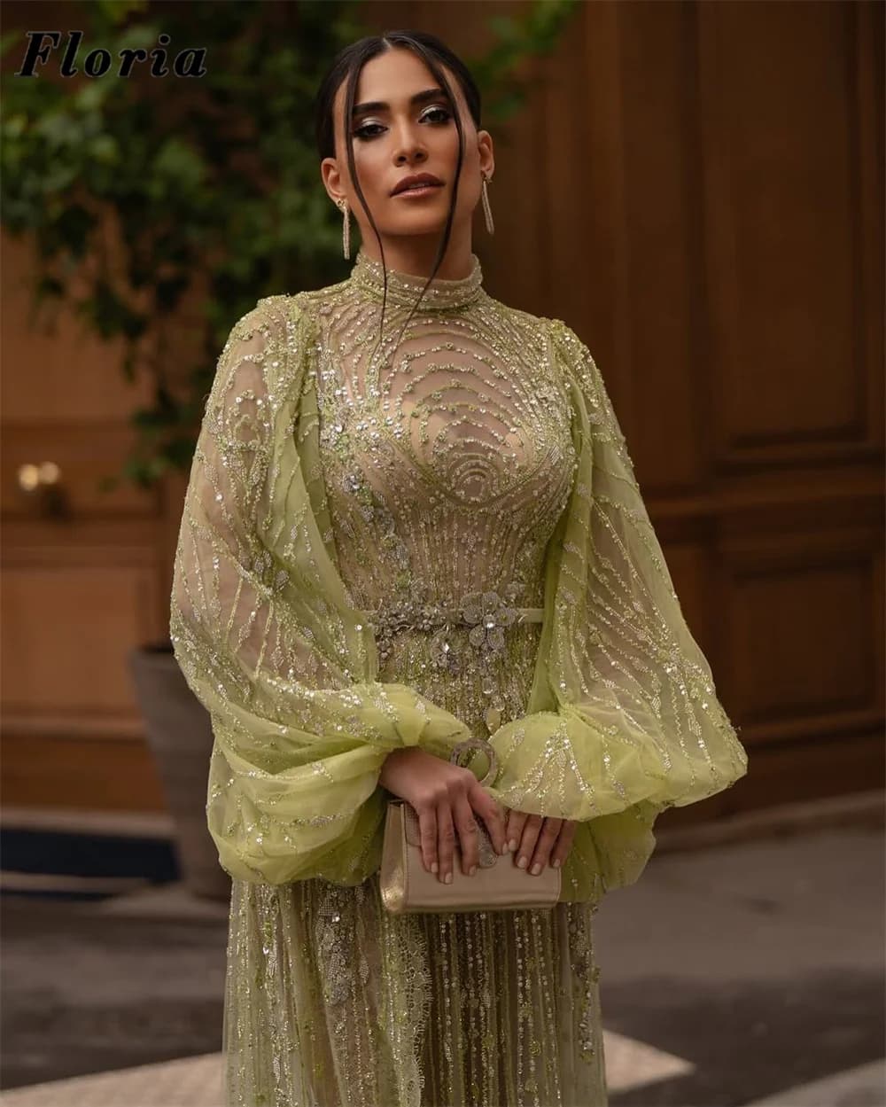 Middle East Long Sleeves Evening Dresses Green Beaded Illusion Women Prom Dress Wedding Party Gown Vestidos De Cóctel Customized