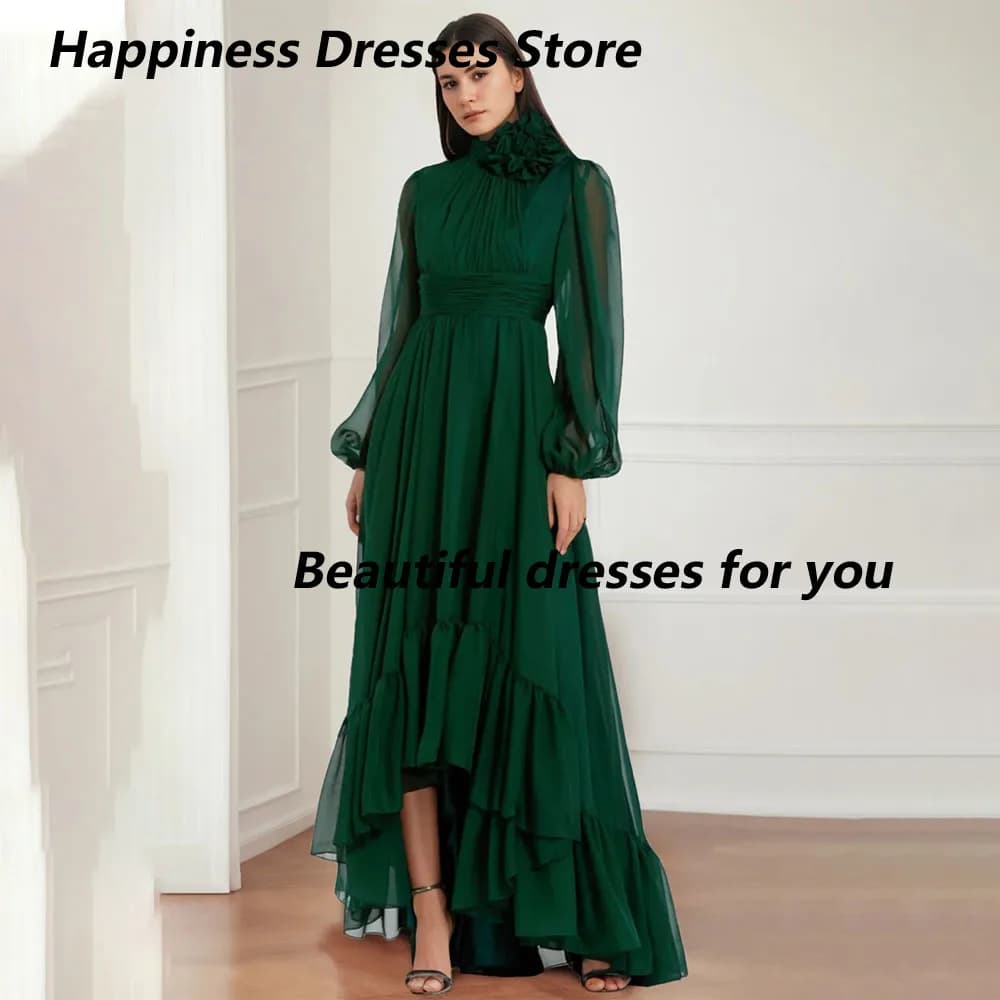 Customized Chiffon High-Neck A-Line Evening Dresses  Floor Length Asymmetrical Pleated with Belt Long Sleeves Layered Hi-Lo Gown